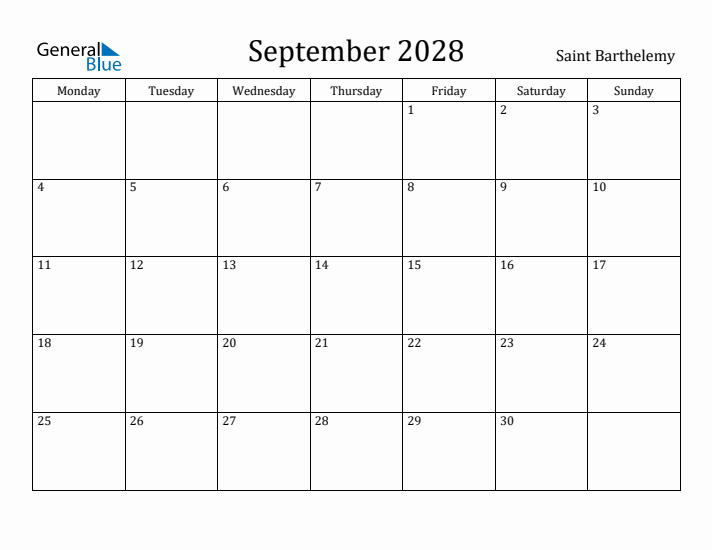 September 2028 Calendar Saint Barthelemy