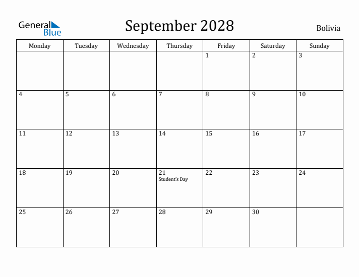 September 2028 Calendar Bolivia