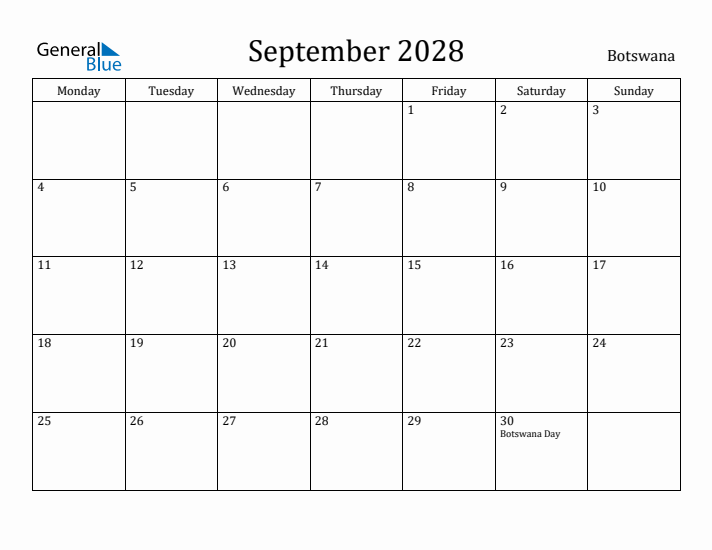 September 2028 Calendar Botswana