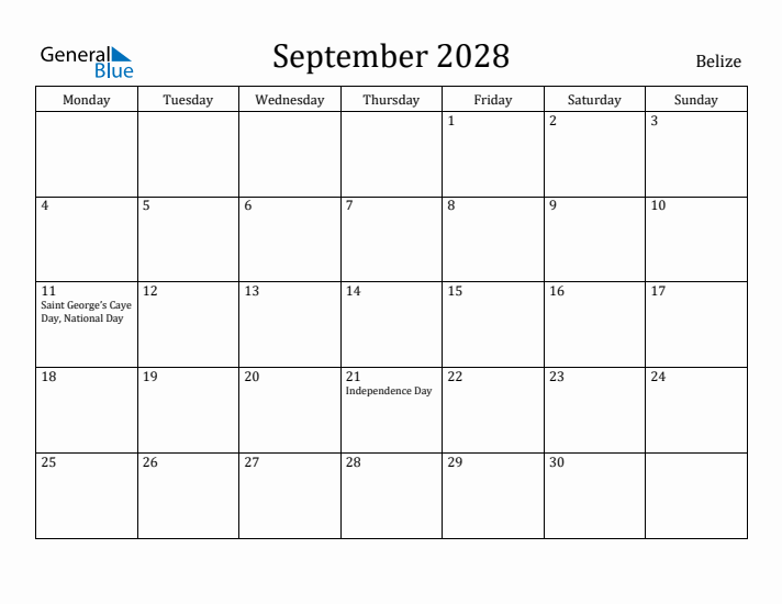 September 2028 Calendar Belize