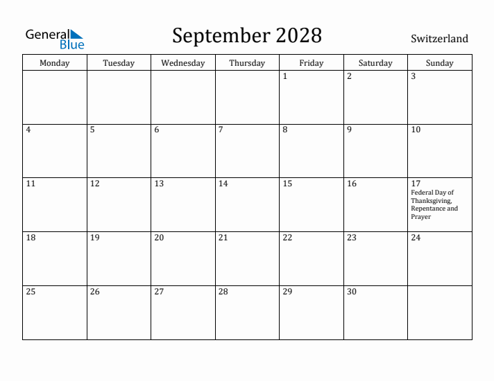 September 2028 Calendar Switzerland