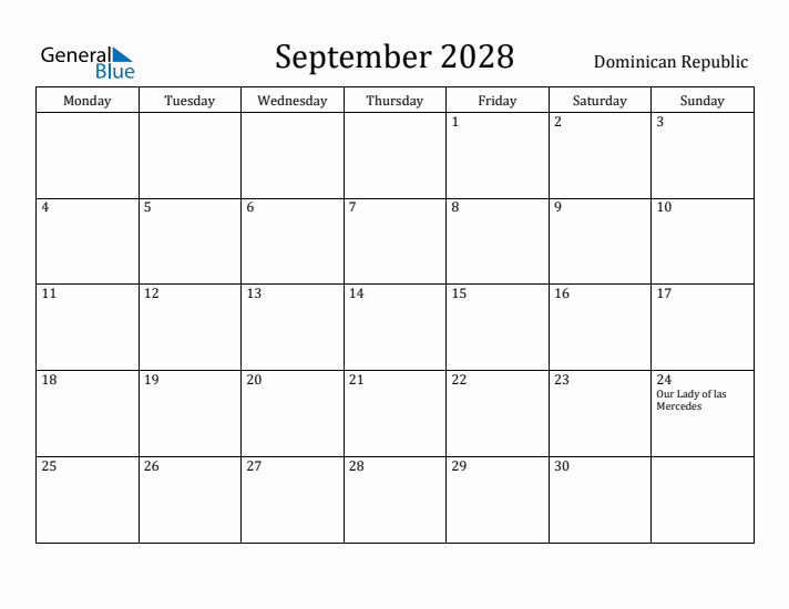 September 2028 Calendar Dominican Republic