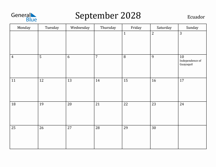 September 2028 Calendar Ecuador