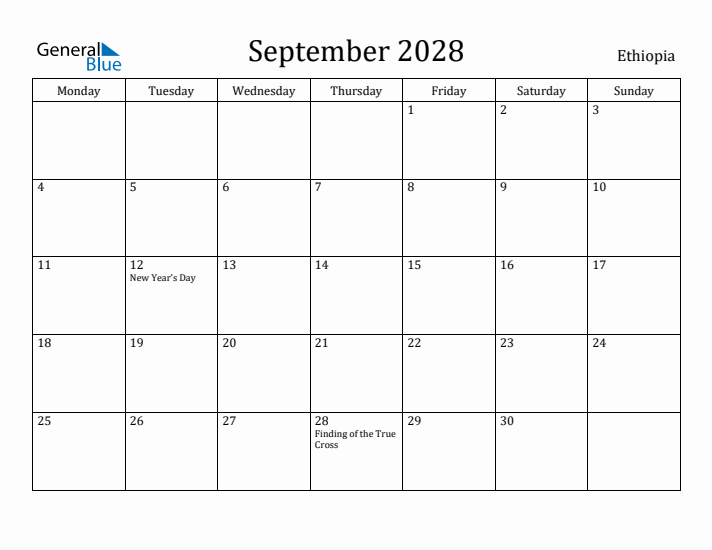 September 2028 Calendar Ethiopia