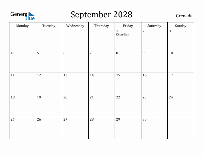 September 2028 Calendar Grenada