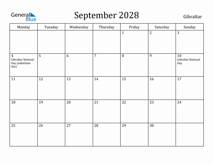 September 2028 Calendar Gibraltar
