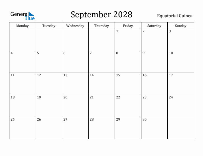September 2028 Calendar Equatorial Guinea