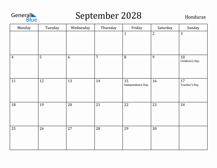 September 2028 Calendar Honduras