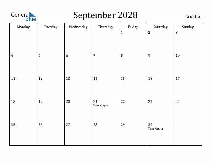 September 2028 Calendar Croatia