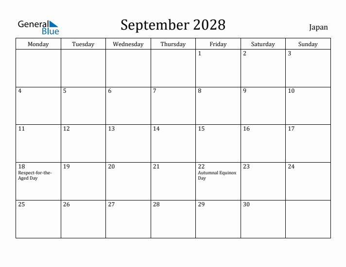 September 2028 Calendar Japan