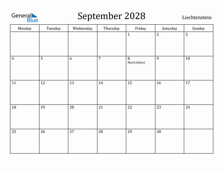 September 2028 Calendar Liechtenstein