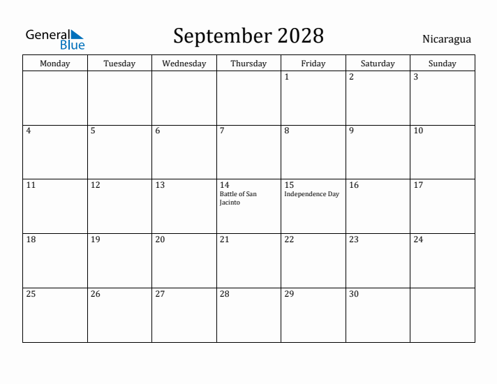 September 2028 Calendar Nicaragua