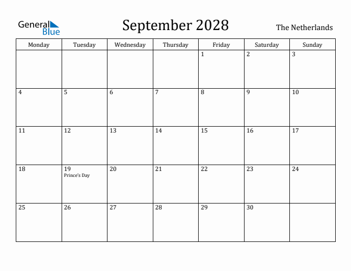 September 2028 Calendar The Netherlands
