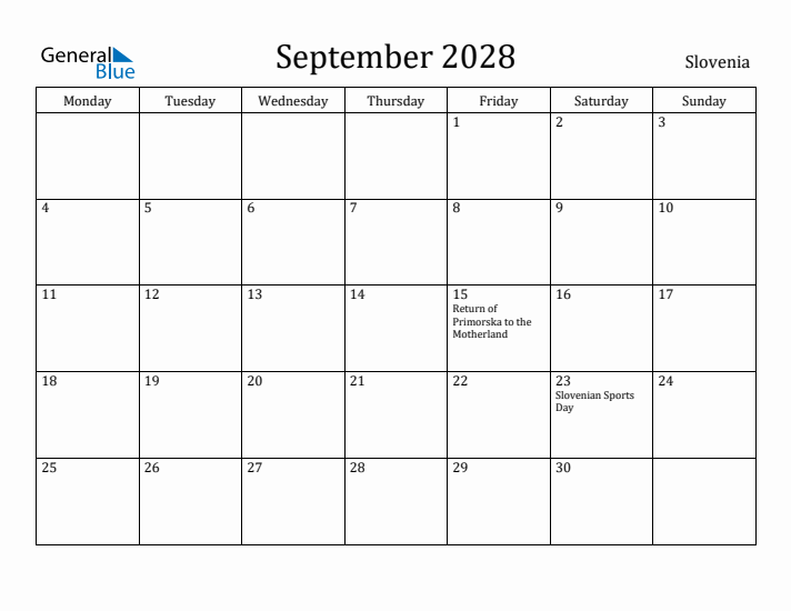 September 2028 Calendar Slovenia