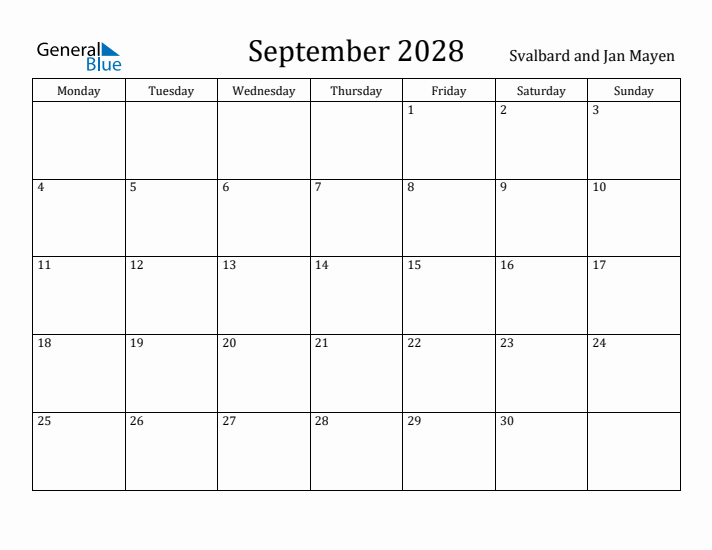 September 2028 Calendar Svalbard and Jan Mayen