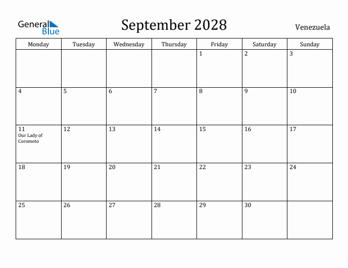 September 2028 Calendar Venezuela