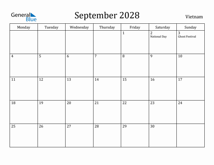 September 2028 Calendar Vietnam