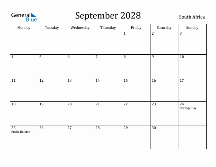 September 2028 Calendar South Africa