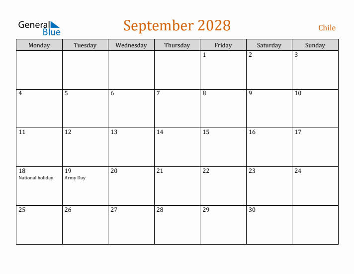September 2028 Holiday Calendar with Monday Start