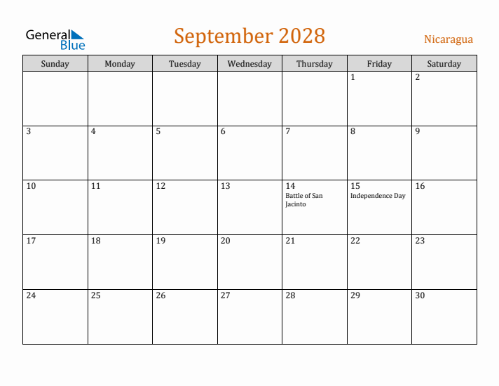 September 2028 Holiday Calendar with Sunday Start