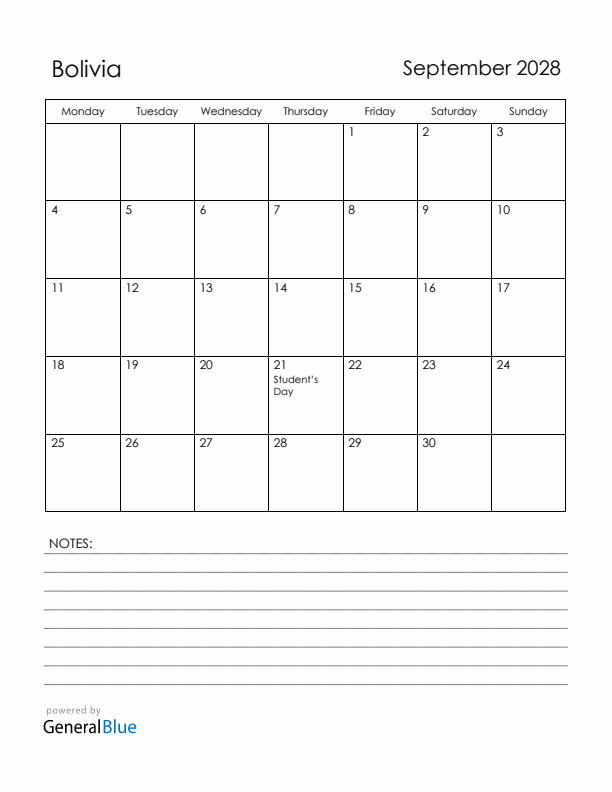 September 2028 Bolivia Calendar with Holidays (Monday Start)