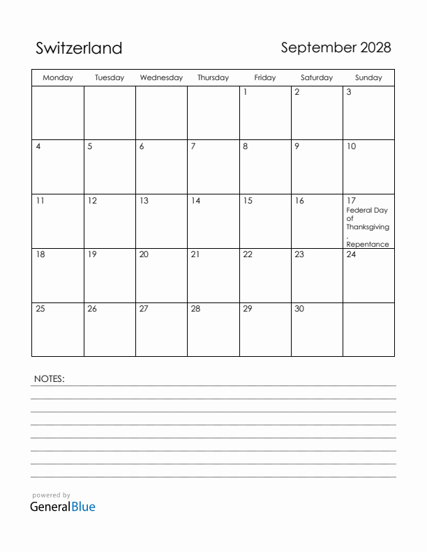 September 2028 Switzerland Calendar with Holidays (Monday Start)