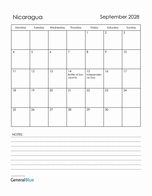 September 2028 Nicaragua Calendar with Holidays (Monday Start)