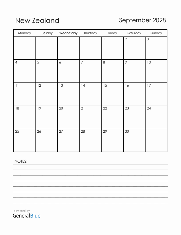 September 2028 New Zealand Calendar with Holidays (Monday Start)