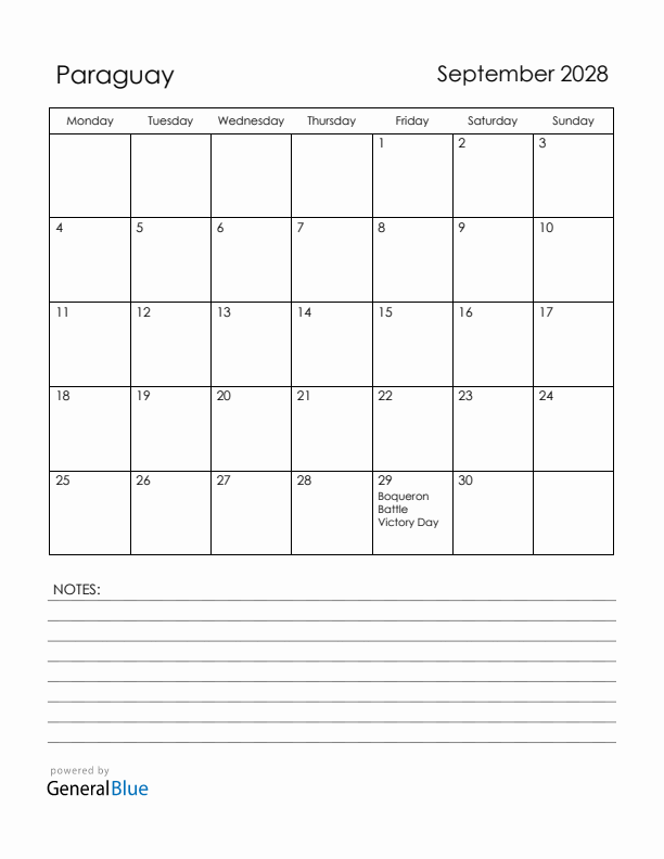 September 2028 Paraguay Calendar with Holidays (Monday Start)