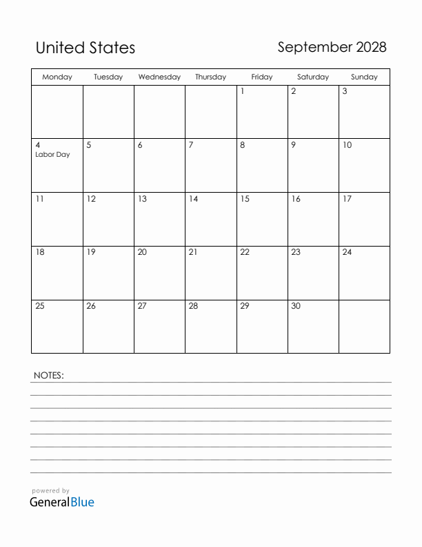 September 2028 United States Calendar with Holidays (Monday Start)