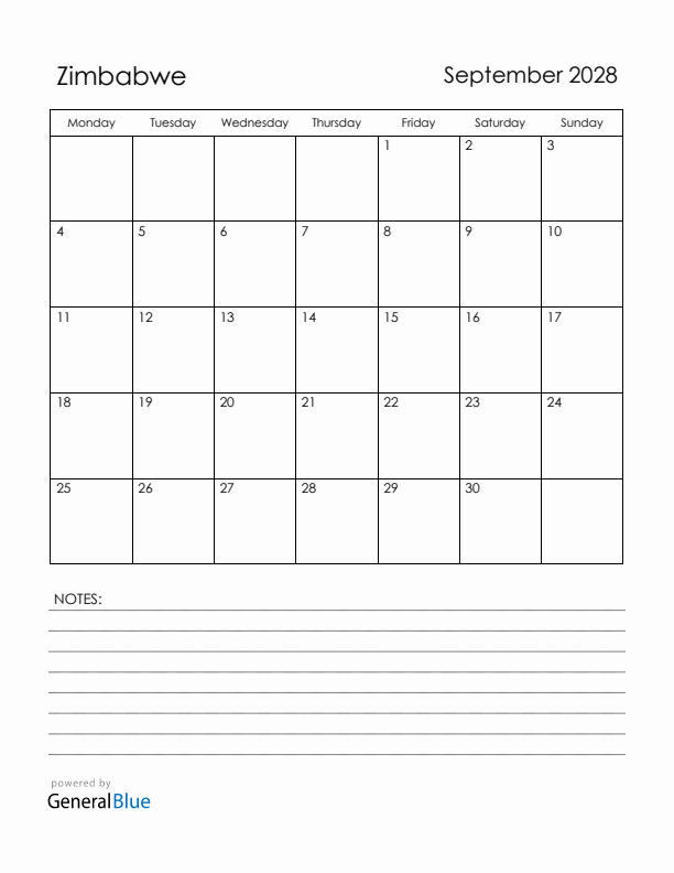 September 2028 Zimbabwe Calendar with Holidays (Monday Start)