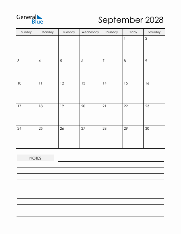 Printable Calendar with Notes - September 2028 