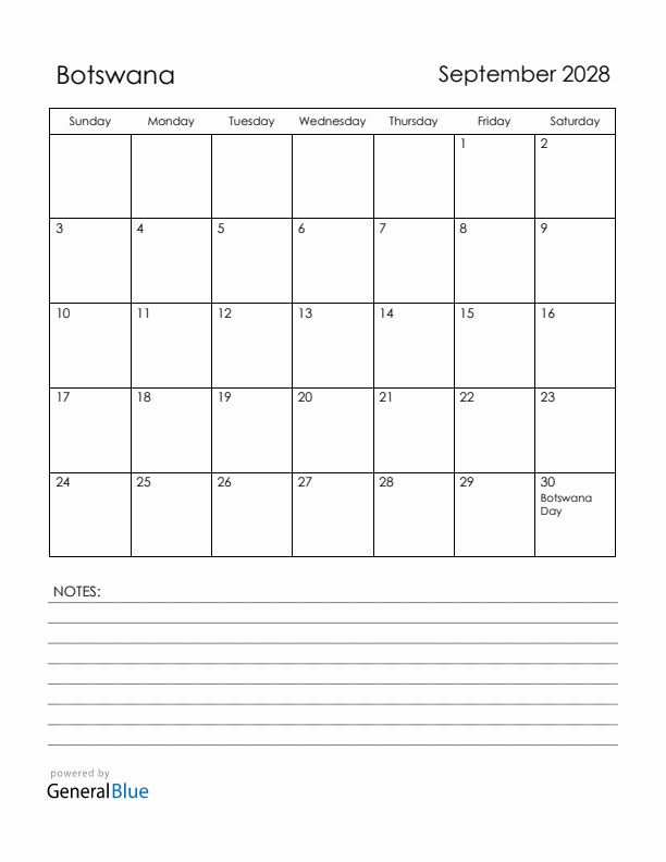 September 2028 Botswana Calendar with Holidays (Sunday Start)