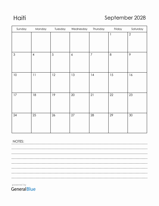 September 2028 Haiti Calendar with Holidays (Sunday Start)