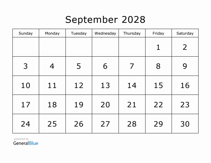 Printable September 2028 Calendar - Sunday Start