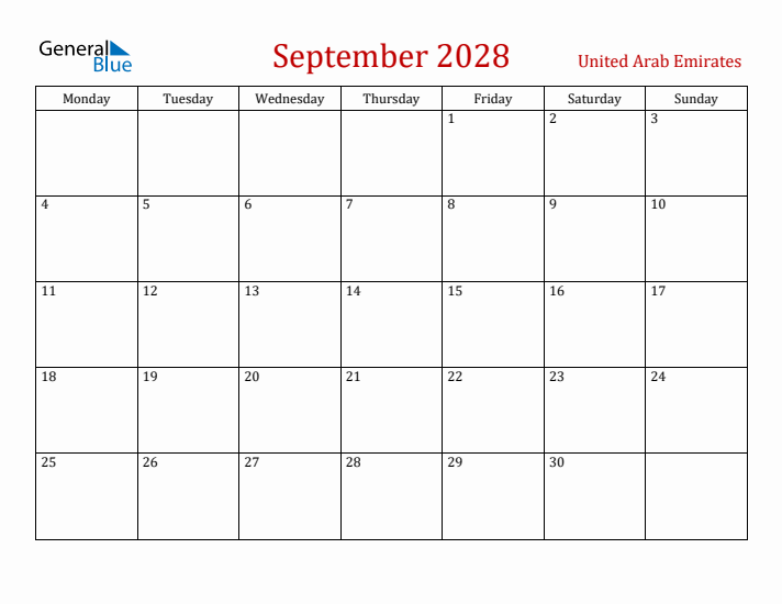 United Arab Emirates September 2028 Calendar - Monday Start
