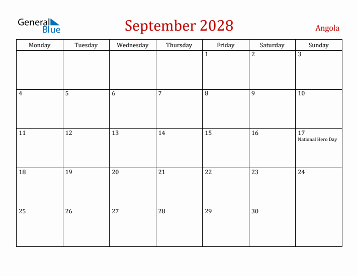 Angola September 2028 Calendar - Monday Start