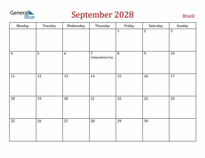 Brazil September 2028 Calendar - Monday Start