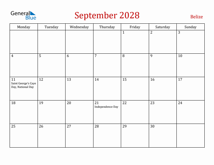 Belize September 2028 Calendar - Monday Start