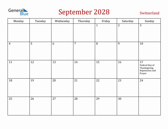 Switzerland September 2028 Calendar - Monday Start