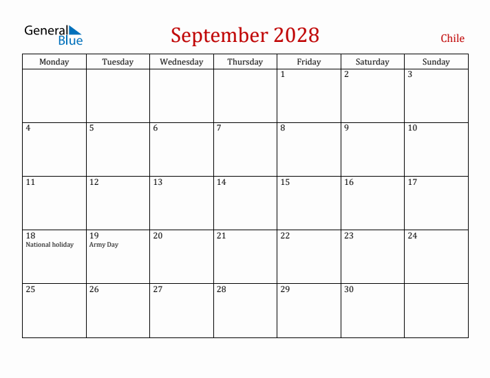 Chile September 2028 Calendar - Monday Start
