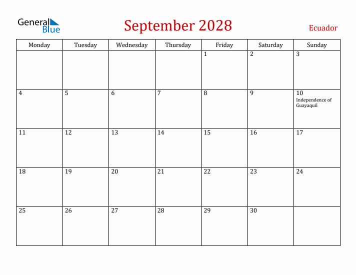 Ecuador September 2028 Calendar - Monday Start