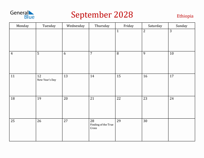 Ethiopia September 2028 Calendar - Monday Start