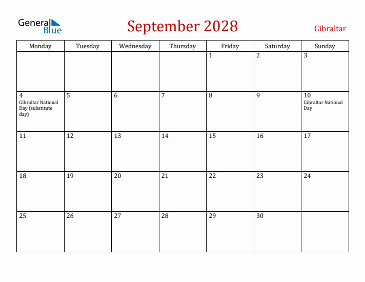 Gibraltar September 2028 Calendar - Monday Start