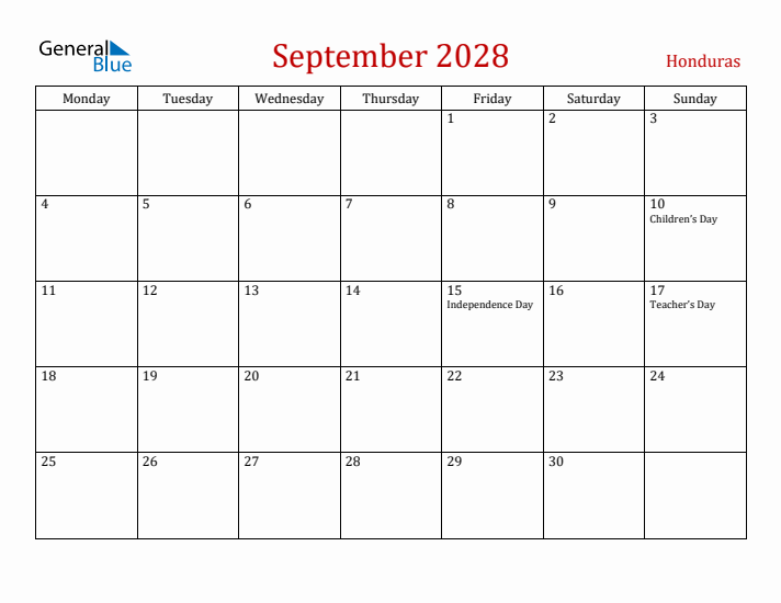 Honduras September 2028 Calendar - Monday Start