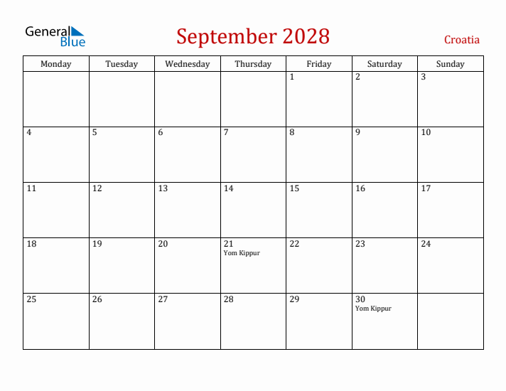 Croatia September 2028 Calendar - Monday Start