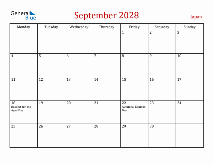 Japan September 2028 Calendar - Monday Start