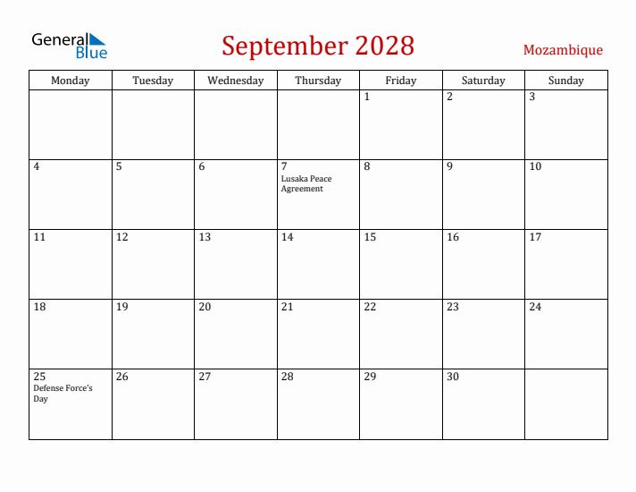 Mozambique September 2028 Calendar - Monday Start