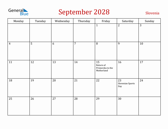 Slovenia September 2028 Calendar - Monday Start