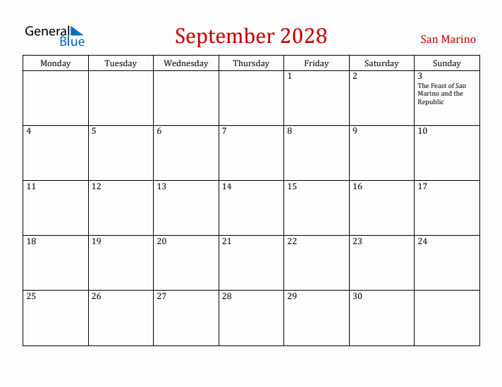 San Marino September 2028 Calendar - Monday Start
